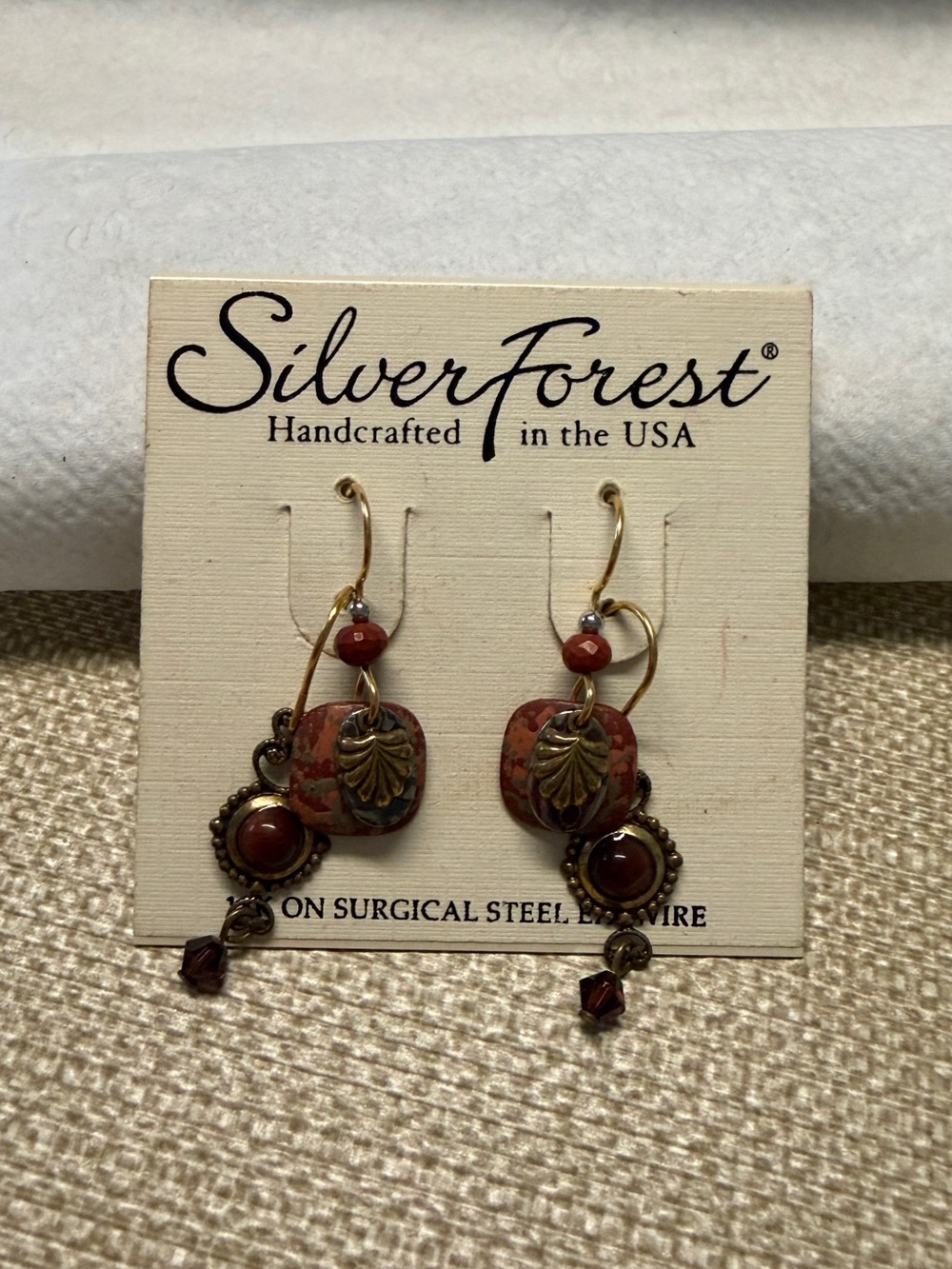 Silver Forest Antique Gold & Red Botanical Drop Earrings
